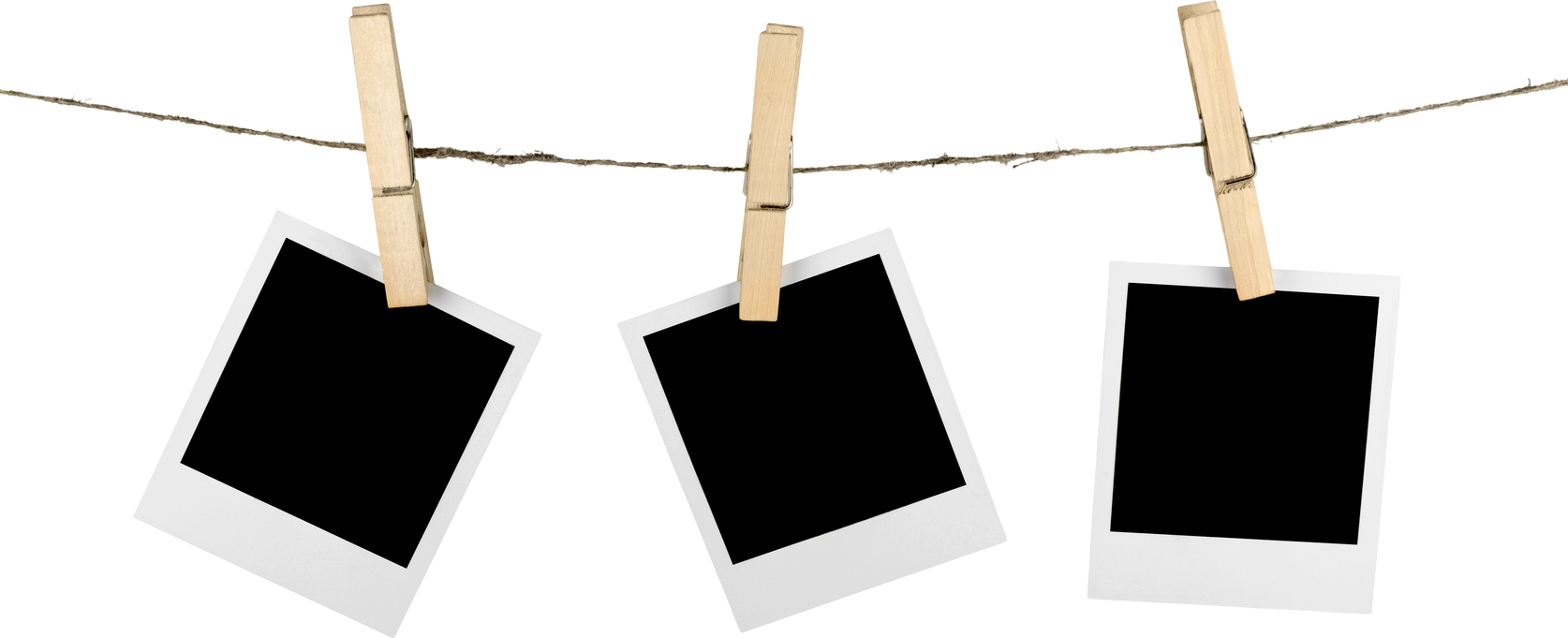 Three Blank Polaroid Frames Hanging on Twine Attached with Clothespins